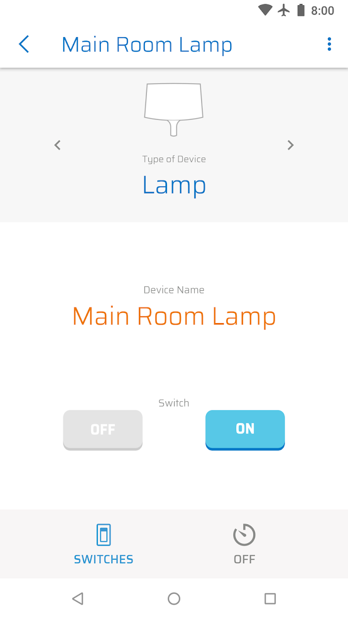 Screenshot of home automation device controls in-app (light on/off)