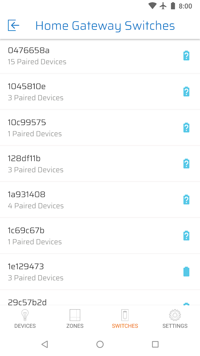 Screenshot from Levven app displaying all switches