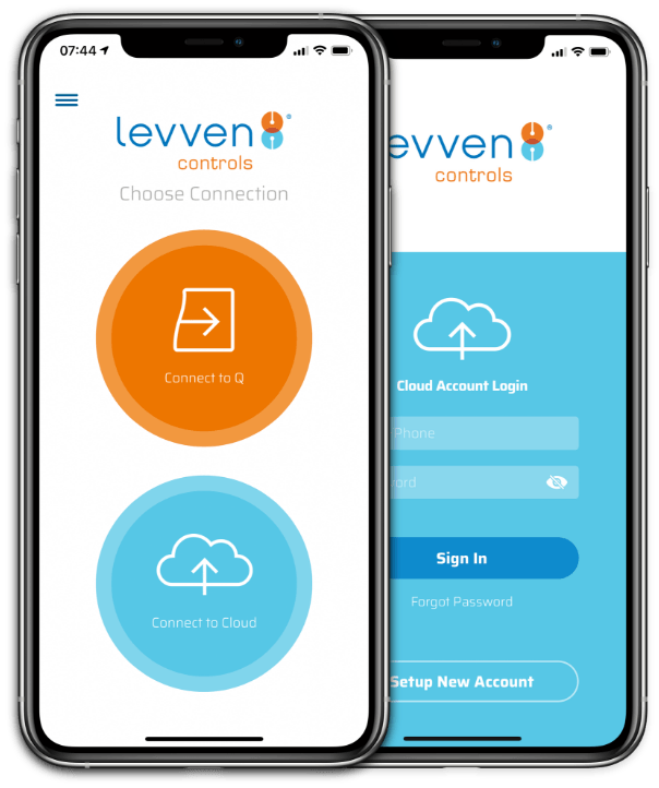 2 mobile phones displaying the Levven Controls mobile app