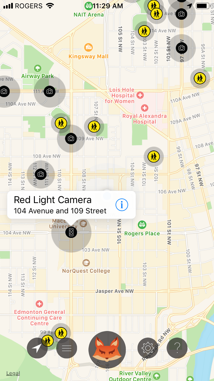 Radar Fox app showing red light camera data