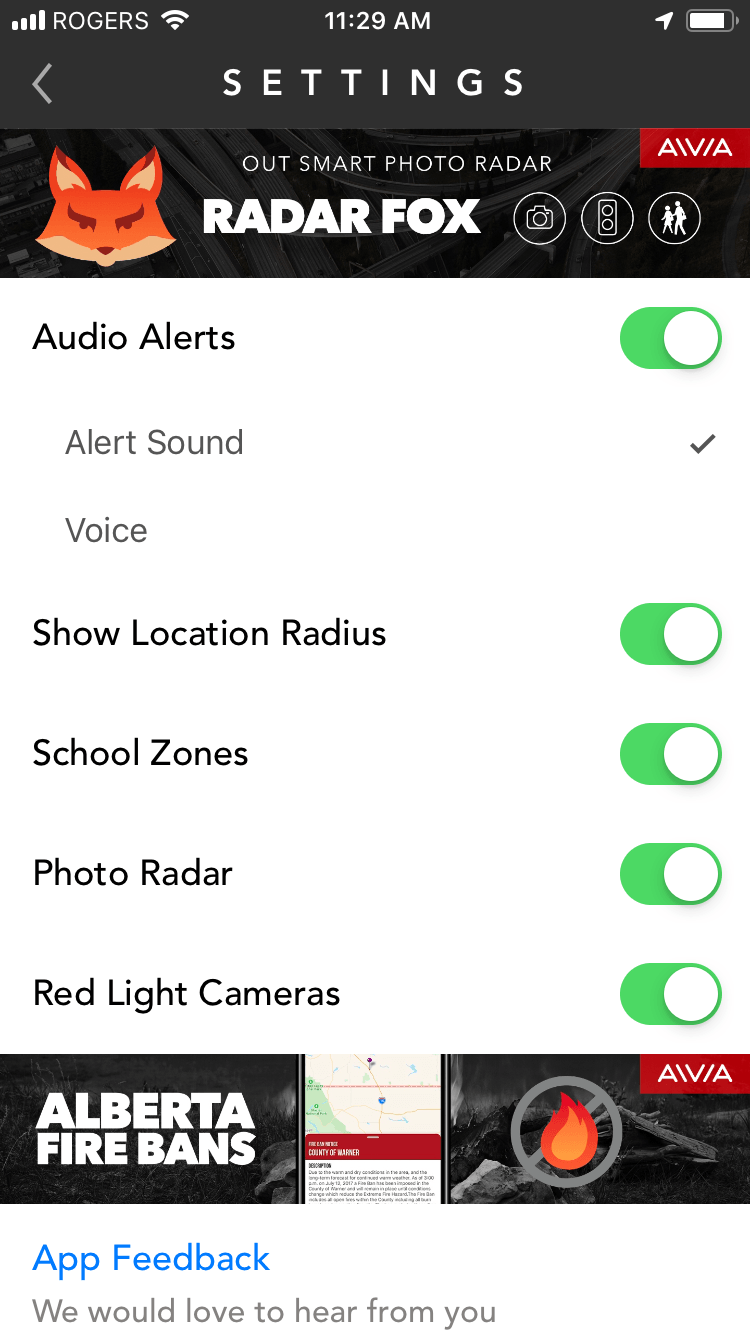 Radar Fox mobile app's settings screen