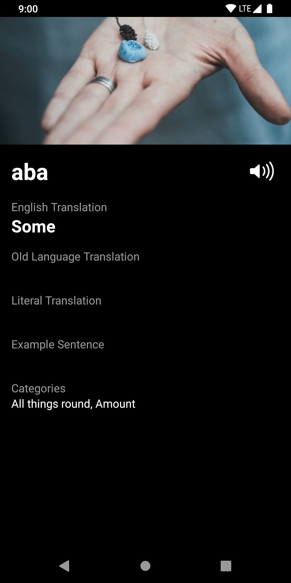 The Stoney Language Dictionary app's definition page for aba/some with a picture of a hand holidng various small items